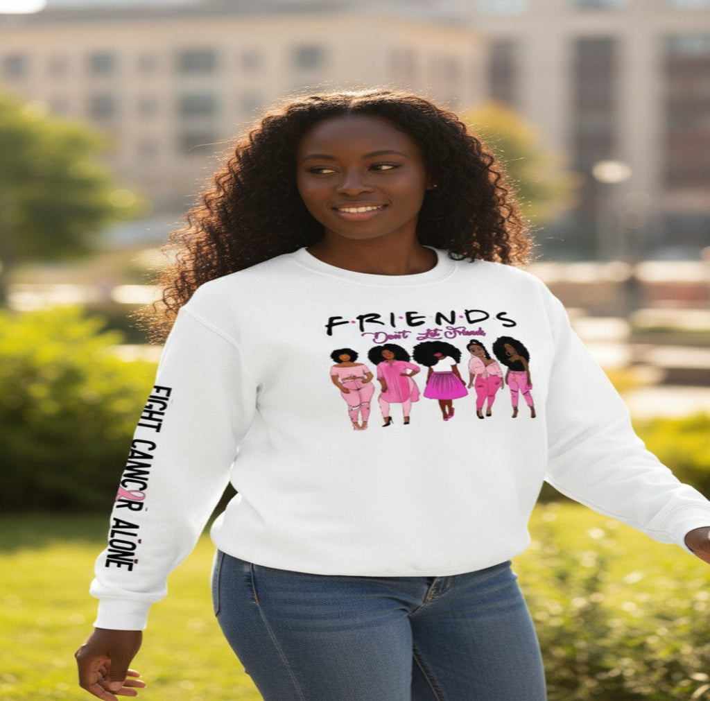 Breast cancer long sleeve crew neck sweatshirt w/ front and sleeve decal