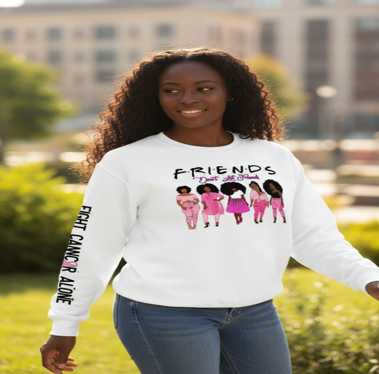 Breast cancer long sleeve crew neck sweatshirt w/ front and sleeve decal