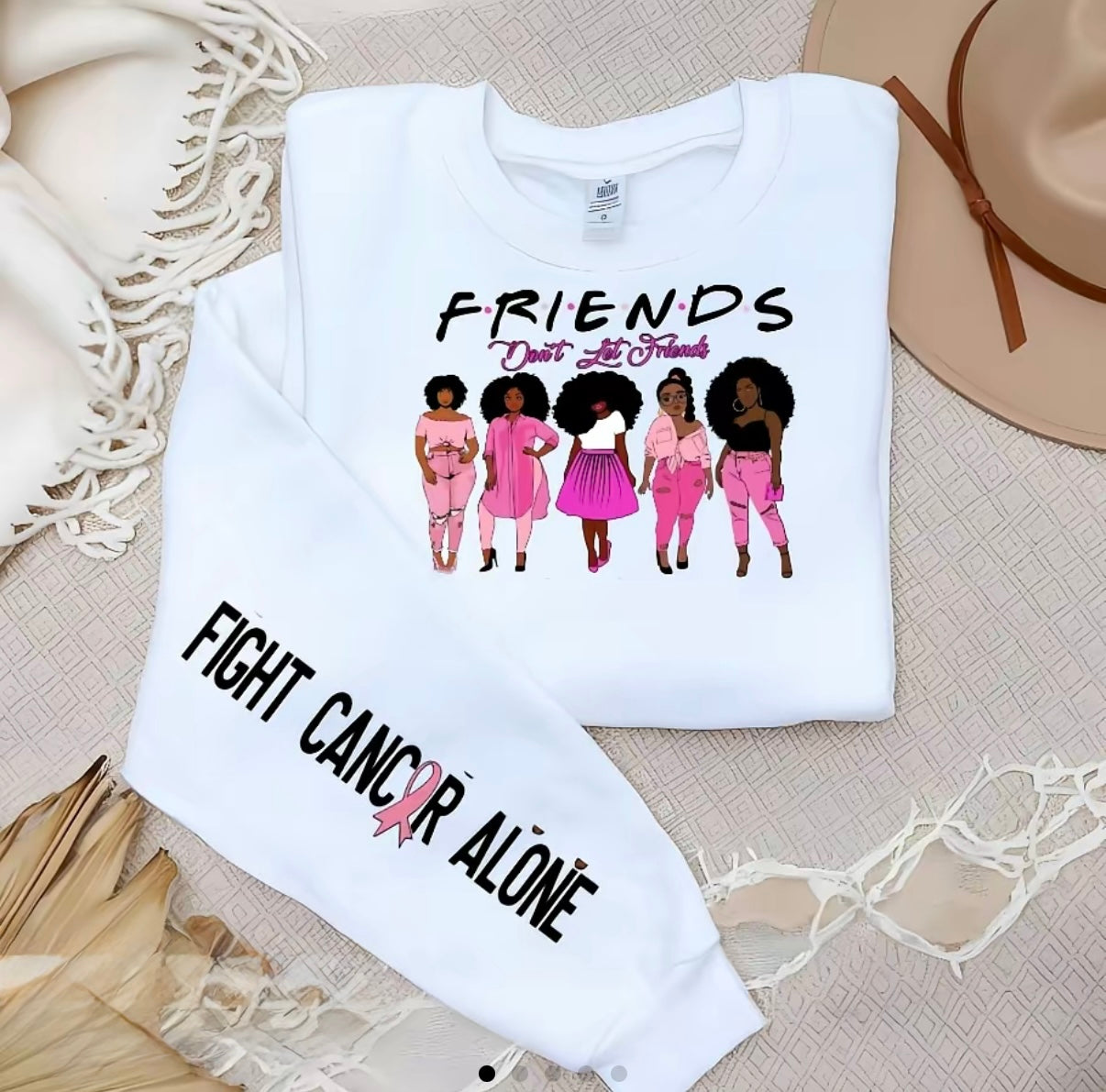 Breast cancer long sleeve crew neck sweatshirt w/ front and sleeve decal